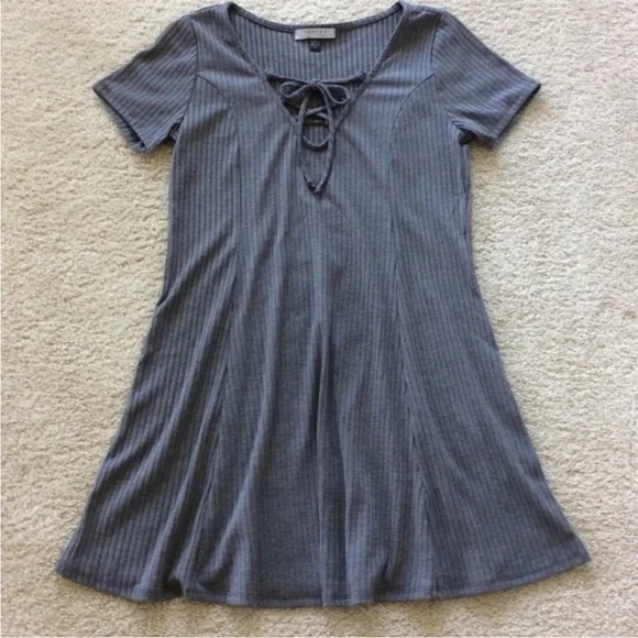 Charcoal Grey Ribbed, Lace Up Dress - Picture 3 of 5